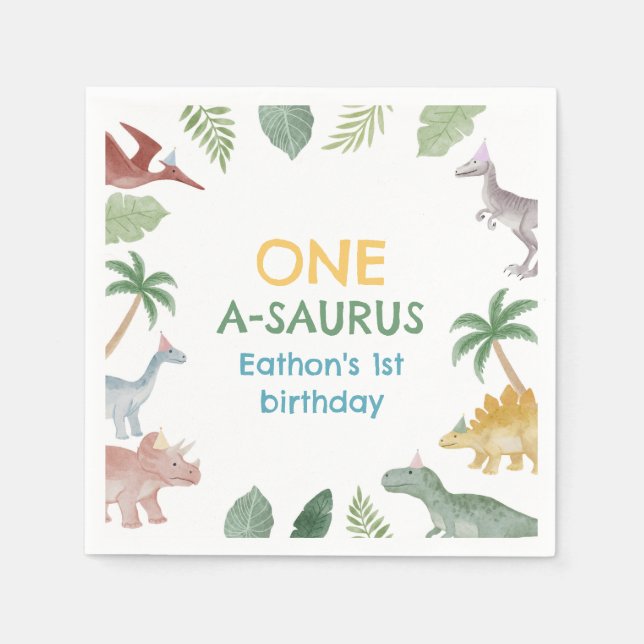 One A Saurus Dinosaur Boy Birthday Party Napkins Pappersservett (Framsidan)