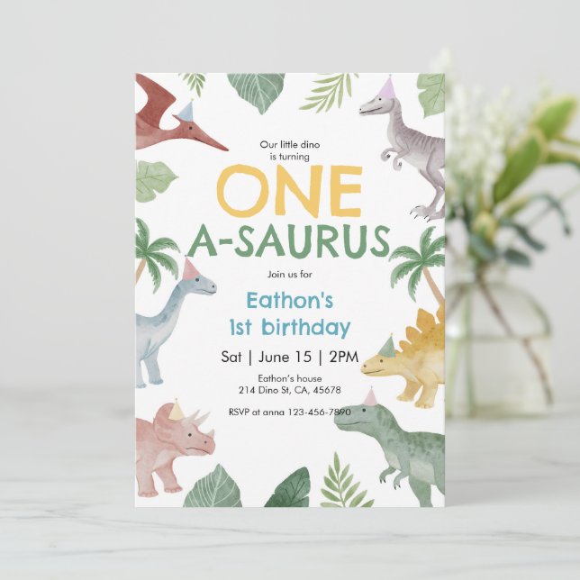 One A Saurus Dinosaur First Birthday Invitation Inbjudningar (Stående Fram)
