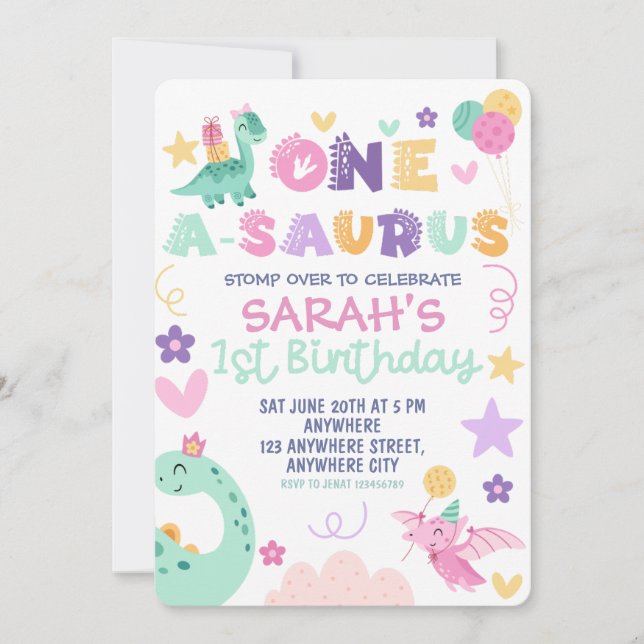 One A-Saurus Dinosaur Flickas 1-års Födelsedagsfes Inbjudningar (Framsida)