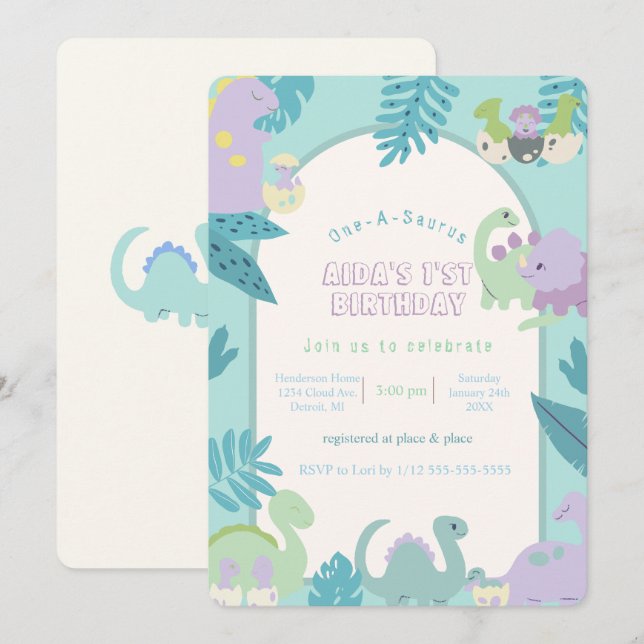 One-A-Saurus dinosaur-födelsedagsinbjudan Inbjudningar (Fram/baksida)