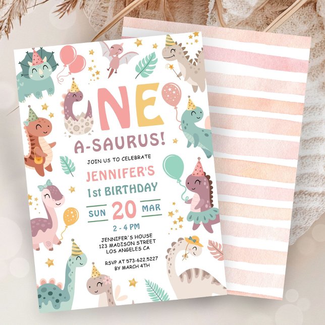 One A Saurus Dinosaur Girl 1st Birthday Invitation Inbjudningar (Skapare uppladdad)