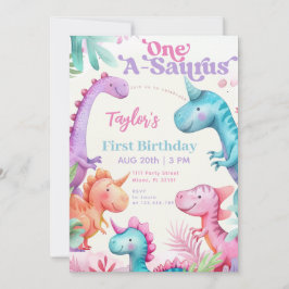 One-A-Saurus Lila Dinosaur Girl First Birthday Inbjudningar