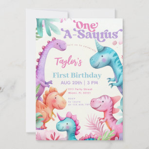 One-A-Saurus Lila Dinosaur Girl First Birthday Inbjudningar