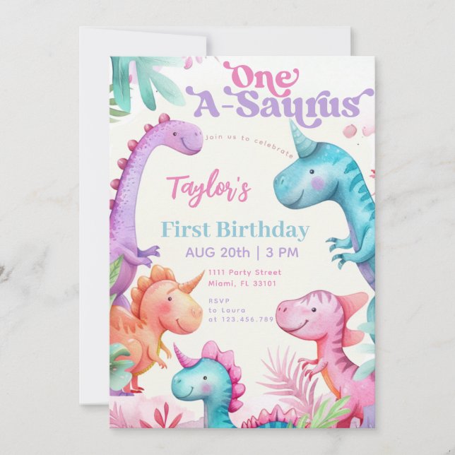 One-A-Saurus Lila Dinosaurieflicka Första Födelsed Inbjudningar (Framsida)
