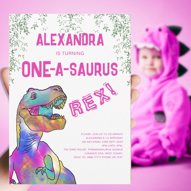 One-A-Saurus Rosa Dinosaur 1-års Födelsedagsfest Inbjudningar (One-a-saurus Rex girls dinosaur 1st birthday party pink invitation )