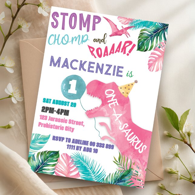 One-A-Saurus Rosa Dinosaur 1st Birthday Girl Inbjudningar (One-A-Saurus Pink Dinosaur 1st Birthday Girl Invitation)