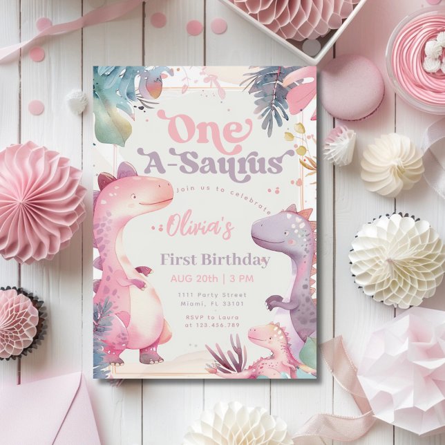 One-A-Saurus Rosa Dinosaur Girl Första födelsedage Inbjudningar (Skapare uppladdad)