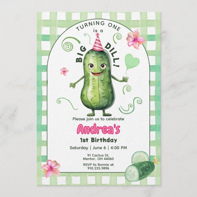 One Big Dill Pickle First Birthday Pink Inbjudningar (Framsida)