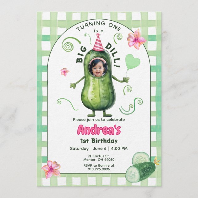 One Big Dill Pickle First Birthday Pink Photo Inbjudningar (Framsida)