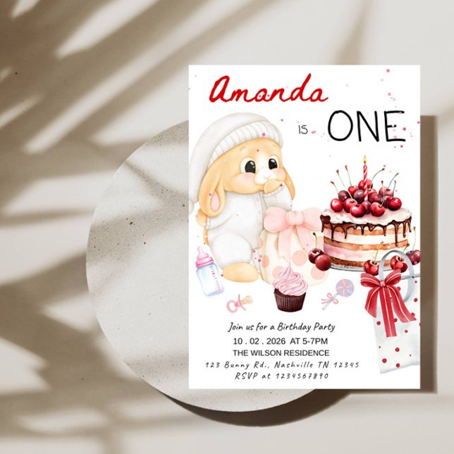 ONE Bunny First Birthday - Baby Girl 1st Birthday Inbjudningar (Skapare uppladdad)