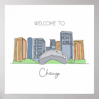 One Continuous Line Teckning i Chicago USA Poster