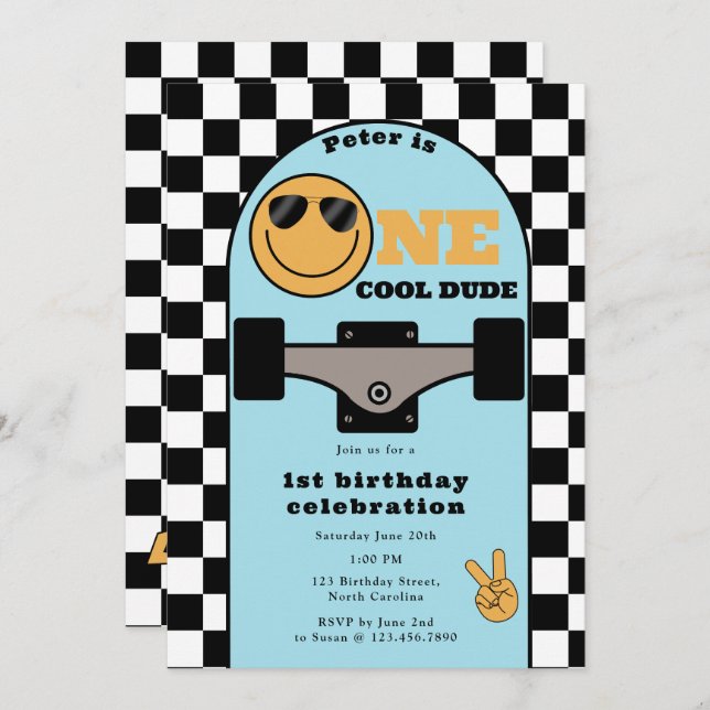 One Cool Dude Invite 1st First Birthday Skateboard Inbjudningar (Fram/baksida)