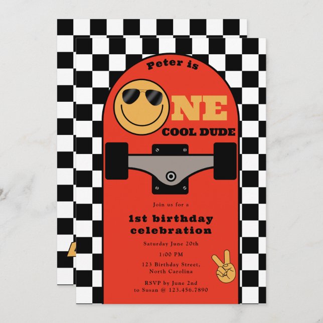 One Cool Dude Invite 1st First Birthday Skateboard Inbjudningar (Fram/baksida)