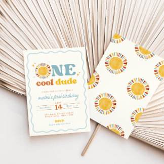 One Cool Dude Retro Sun First Birthday Invitation Inbjudningar