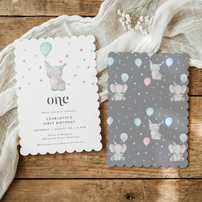 One Cute Baby Elephant 1st Birthday Party Inbjudningar (Cute baby elephant first birthday party invitations for 1st birthdays)