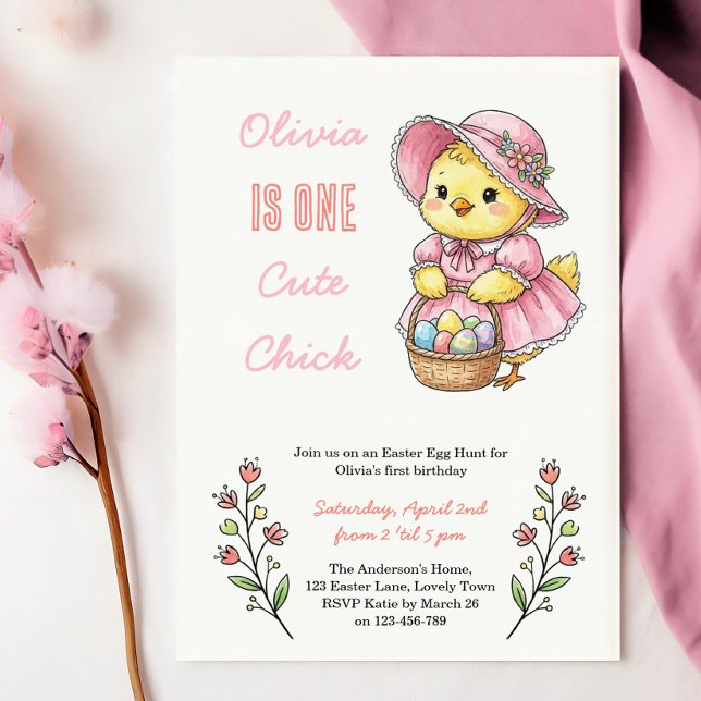One Cute Chick Påsk-tematisk 1-års födelsedagsfest Inbjudningar (One Cute Chick - Easter themed 1st birthday invitation - perfect for her first egg hunt!)