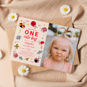 ONE Cute Kryp Ladybug 1:a födelsedagsfoto Party Inbjudningar