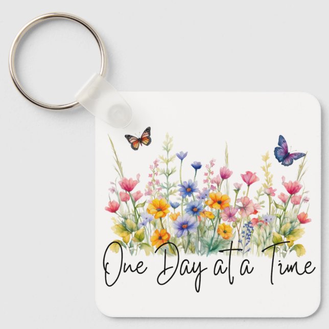 One Day at a Time Inspirational Quote Wildflowers Nyckelring (Framsida)