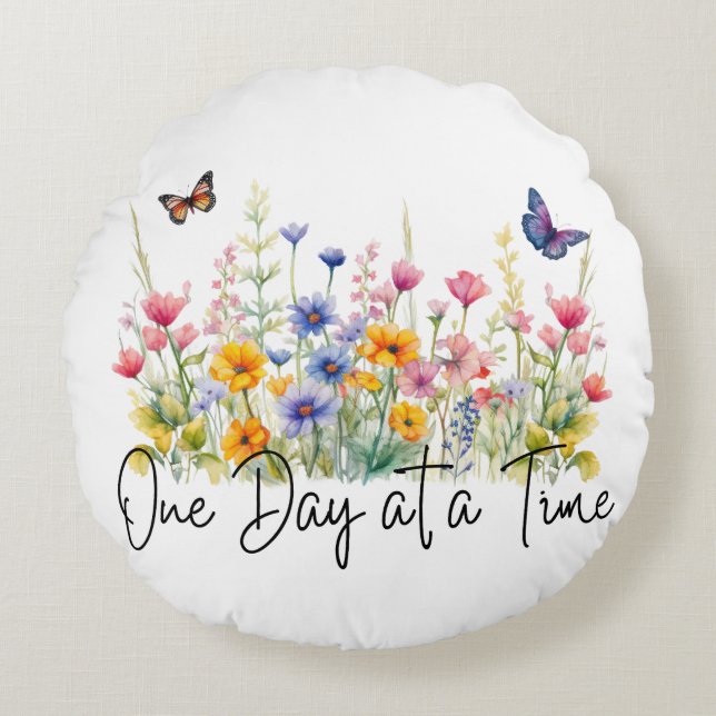 One Day at a Time Inspirational Quote Wildflowers Rund Kudde (Framsidan)