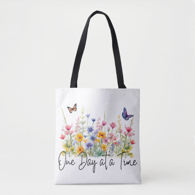 One Day at a Time Inspirational Quote Wildflowers Tygkasse (Framsida)