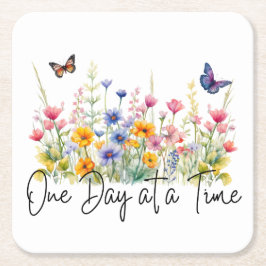 One Day at a Time Inspirational Quote Wildflowers Underlägg Papper Kvadrat