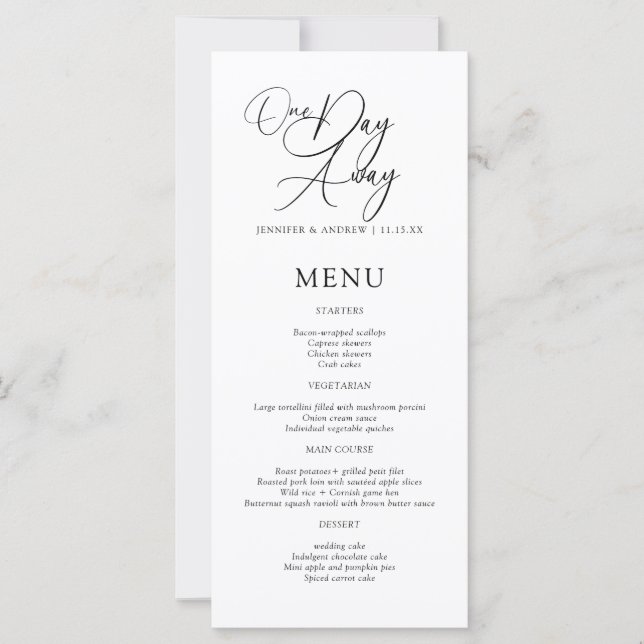 One Day Away Elegant Script Rehearsal Dinner Menu (Framsida)
