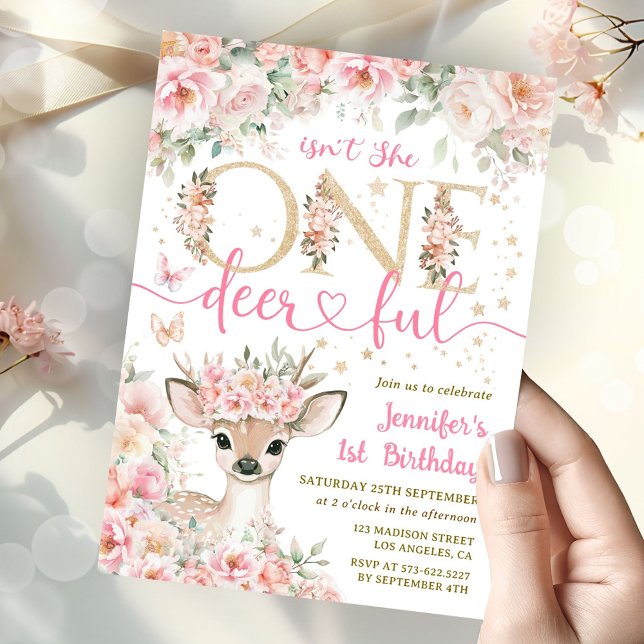 One-Deer-Ful 1st Birthday Girl Pink Invitation Inbjudningar (Skapare uppladdad)