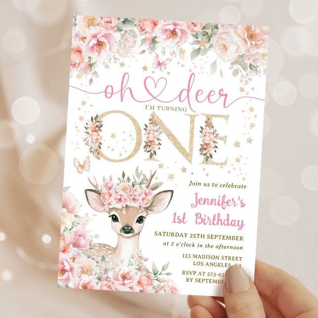 One-Deer-Ful Birthday Girl Pink Gold Invitation Inbjudningar (Skapare uppladdad)