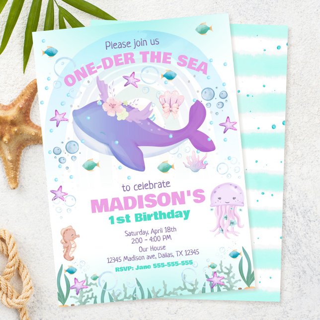 One-der havet-fest Valhajen flicka 1-års födelseda Inbjudningar (Skapare uppladdad)
