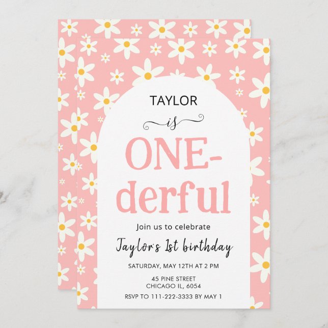 ONE-derful Pink Daisy 1st Birthday Inbjudningar (Fram/baksida)