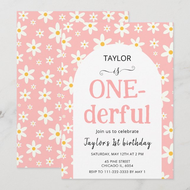 ONE-derfull rosa tusenskönas 1-årsdag Inbjudningar (Fram/baksida)