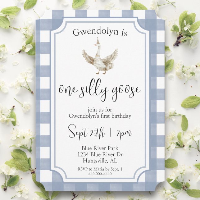 "One Fånig Goose" Cute Blue First Födelsedagsfest Inbjudningar ("one silly goose" blue watercolor cute first birthday party picnic 1st birthday boy toddler bday)