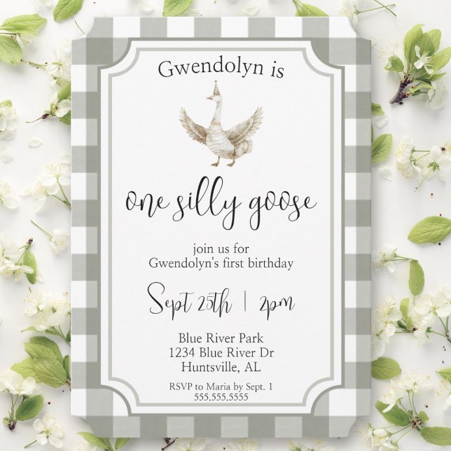 "One Fånig Goose" Cute Picnic First Födelsedagsfes Inbjudningar (one silly goose first birthday party gender neutral 1st bday for baby boy or girl green picnic cute )
