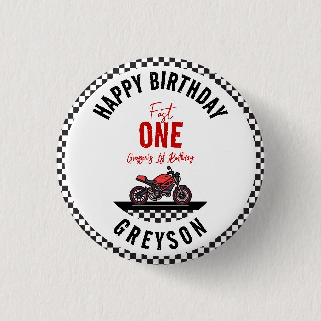 One Fast Race Motorcycle Boy 1st Birthday Party Knapp (Framsida)