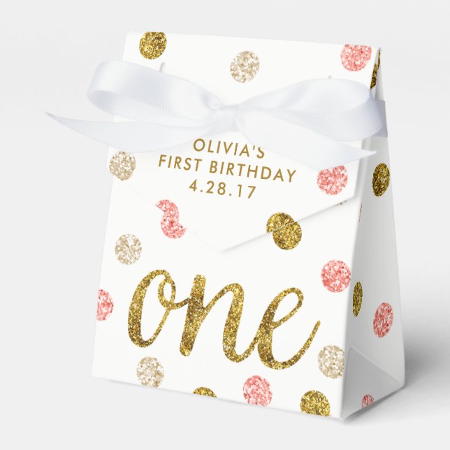 One Glitter Confetti 1:a födelsedag Rosa och Guld Presentaskar (Framsidan Sidan)