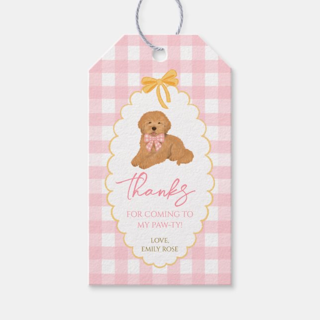 One Golden Year Pink Gingham Golden Doodle Presentetikett (Framsidan)