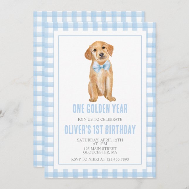 One Golden Year Puppy preppy plaid birthday Inbjudningar (Fram/baksida)