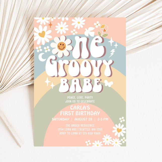 ONE Groovy Babe Daisy Hippie 1:a födelsedagen Inbjudningar (Skapare uppladdad)