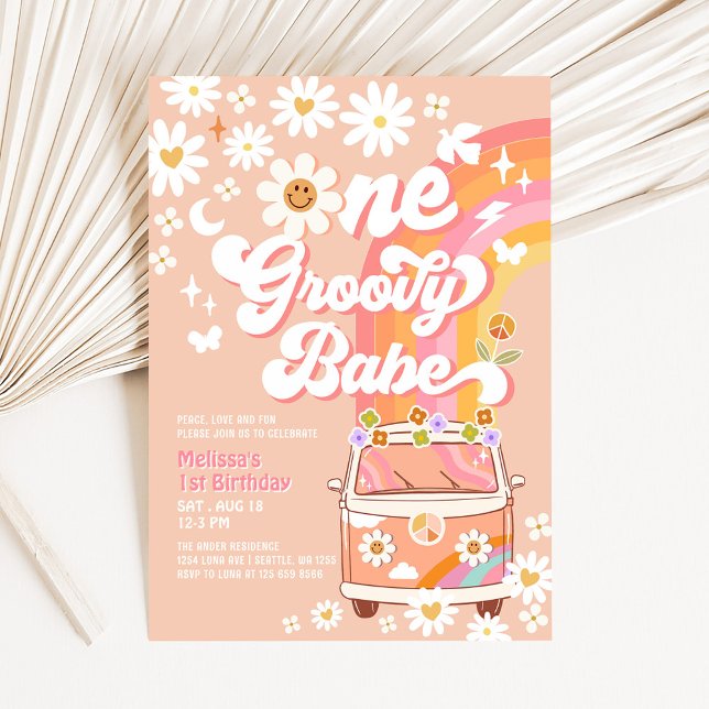 ONE Groovy Babe Daisy Rainbow Groovy 1-årsdag Inbjudningar (Skapare uppladdad)