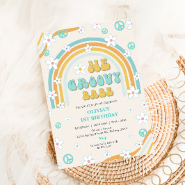 One Groovy Babe Rainbow 1st Birthday Party Inbjudningar