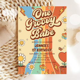 One Groovy Babe Retro Rainbow 1 Birthday Party Inbjudningar