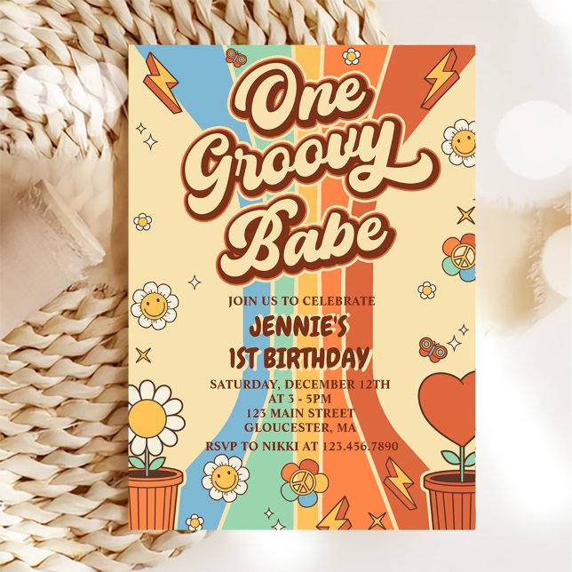 One Groovy Babe Retro Rainbow 1 Birthday Party Inbjudningar (Skapare uppladdad)