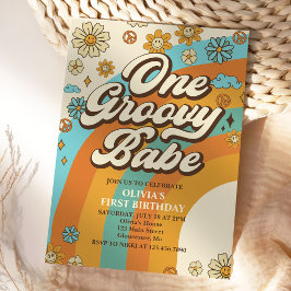 One Groovy Babe Retro Rainbow 1 Birthday Party Inbjudningar