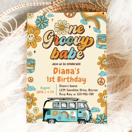 One Groovy Babe Retro Rainbow 1 Birthday Party Inbjudningar