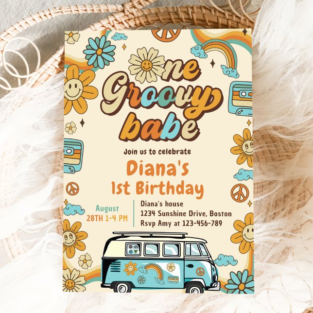 One Groovy Babe Retro Rainbow 1 Birthday Party Inbjudningar (Skapare uppladdad)
