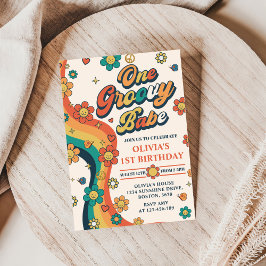 One Groovy Babe Retro Rainbow 1 Birthday Party Inbjudningar