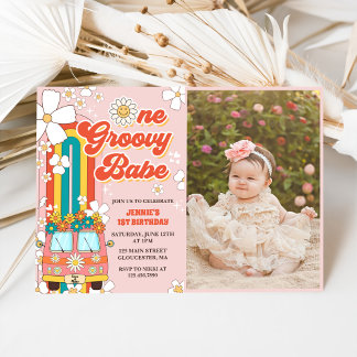 One Groovy Babe Retro Rainbow 1 Birthday Photo Inbjudningar