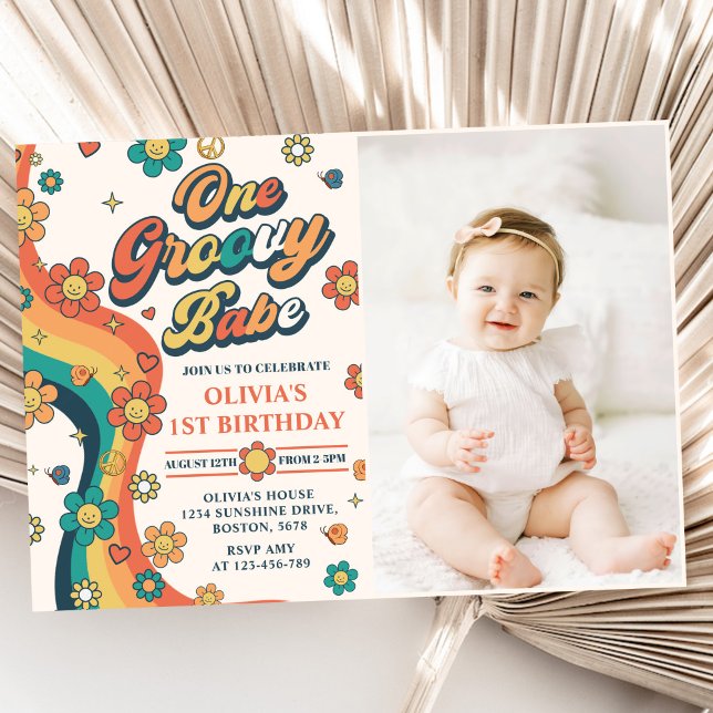 One Groovy Babe Retro Rainbow 1 Birthday Photo Inbjudningar (Skapare uppladdad)