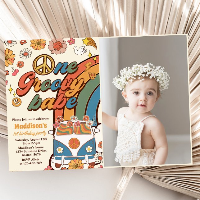 One Groovy Babe Retro Rainbow 1 Birthday Photo Inbjudningar (Skapare uppladdad)