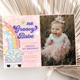 One Groovy Babe Retro Rainbow 1 Birthday Photo Inbjudningar